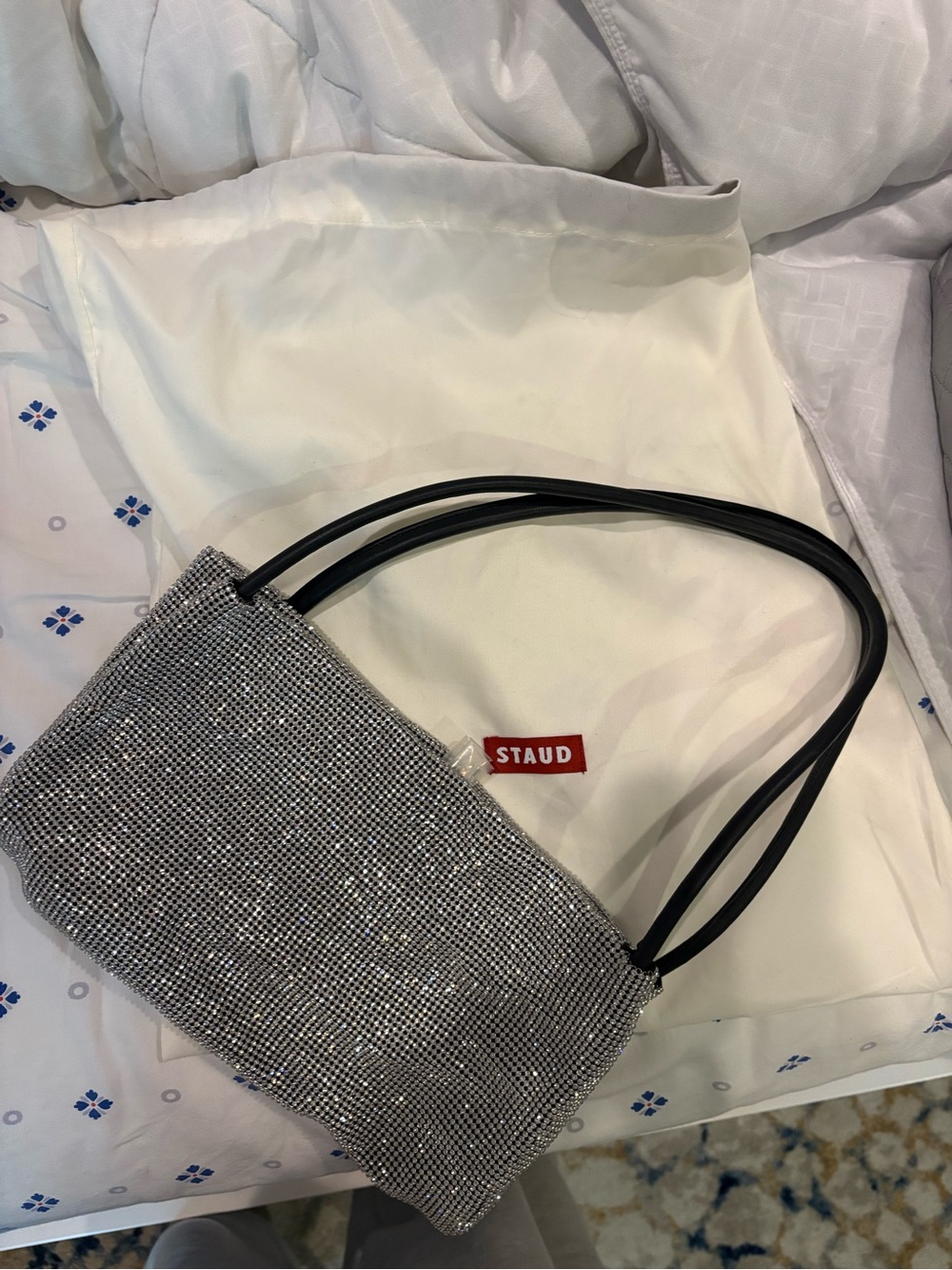 STAUD Silver Crystal Mesh Mini Shoulder Bag with Black Straps